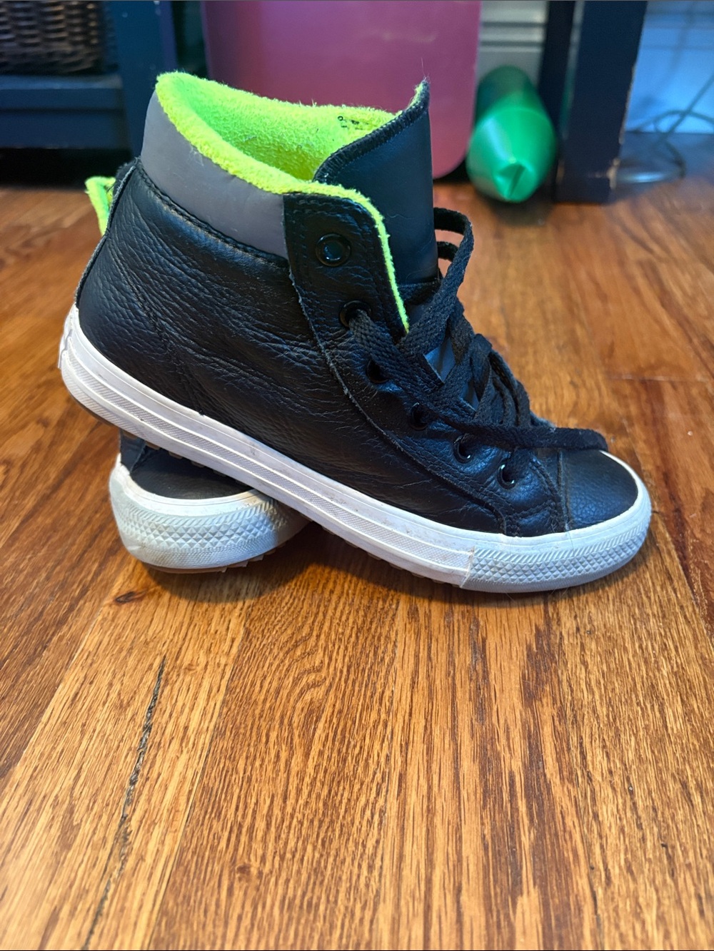 Kids High-Top Sneakers with Black Upper and Neon Green Liner